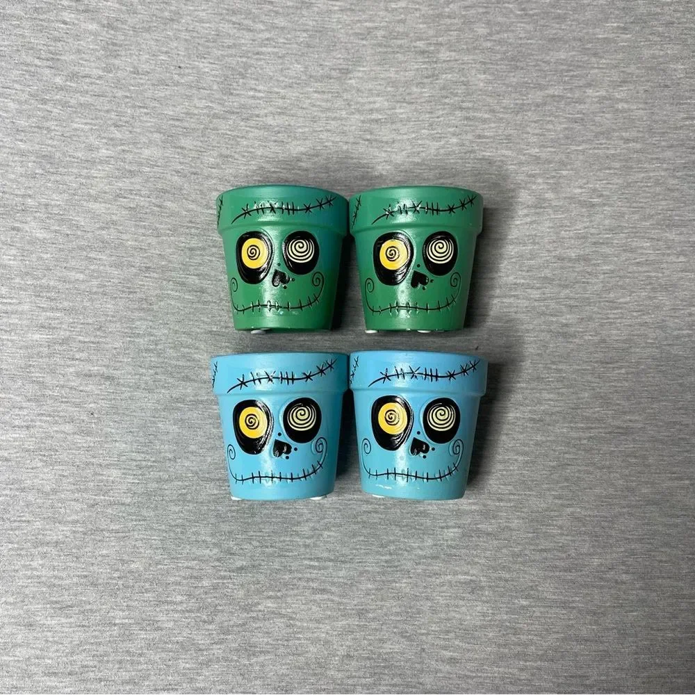 Target Blue & Green 3” Mini Round Halloween Skeleton Ceramic Pot 4 PCS. Set